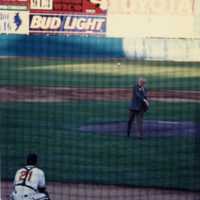 Frank Perdue throwing the opening day pitch at Perdue Stadium